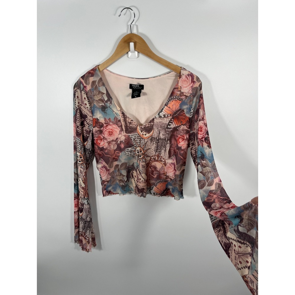 Y2K Women Flare Sleeve Top XL Pink Mesh Sheer Floral Celestial Butterfly Concert